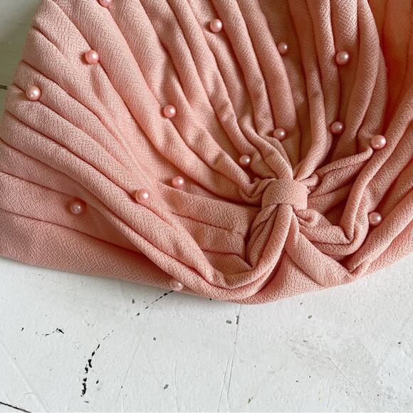 Coral Peach Pearl Beaded Turban Head Wrap - Picture 3 of 5
